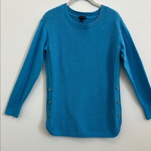 Talbots Honeycomb Curved Hem Sweater w/Side Buttons, Turquoise Blue, Size Medium